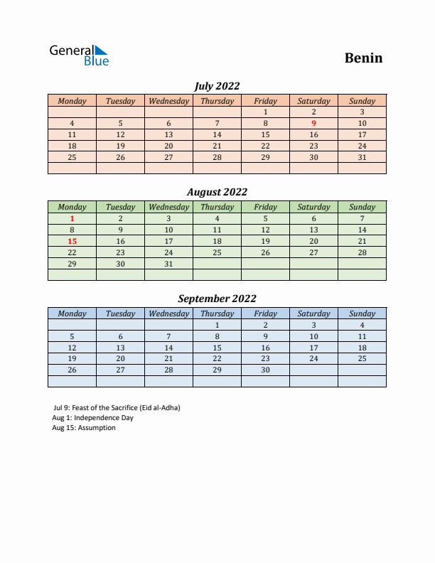 Q3 2022 Holiday Calendar - Benin