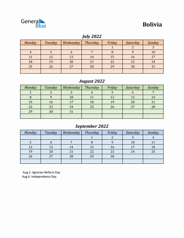 Q3 2022 Holiday Calendar - Bolivia