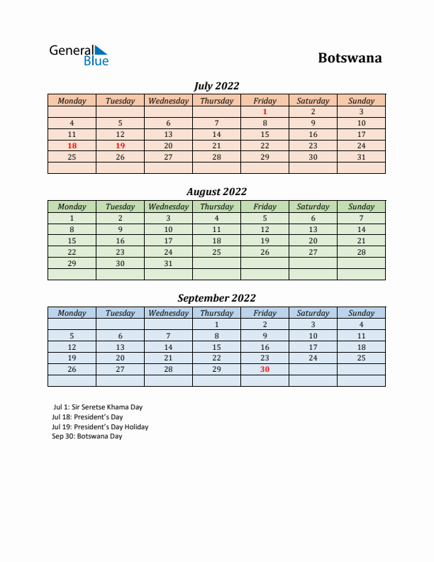 Q3 2022 Holiday Calendar - Botswana