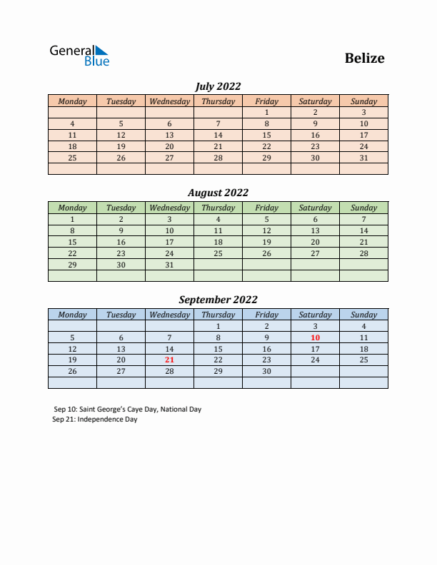 Q3 2022 Holiday Calendar - Belize