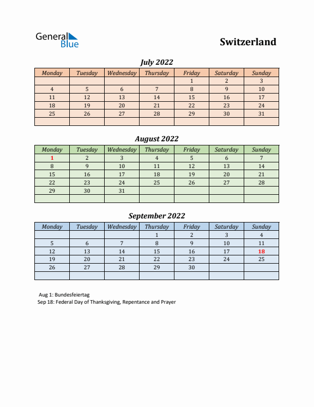 Q3 2022 Holiday Calendar - Switzerland