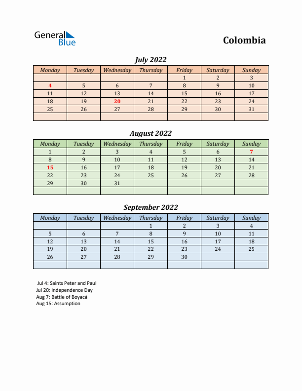 Q3 2022 Holiday Calendar - Colombia