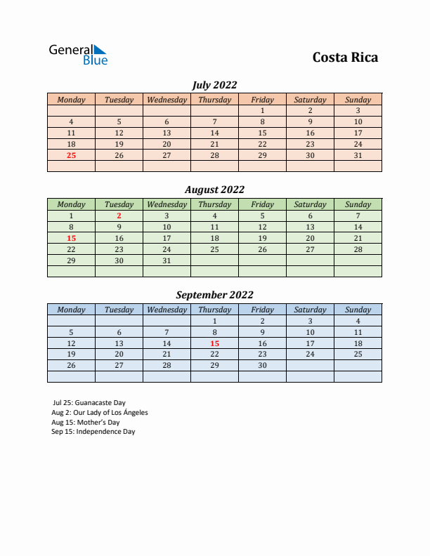 Q3 2022 Holiday Calendar - Costa Rica