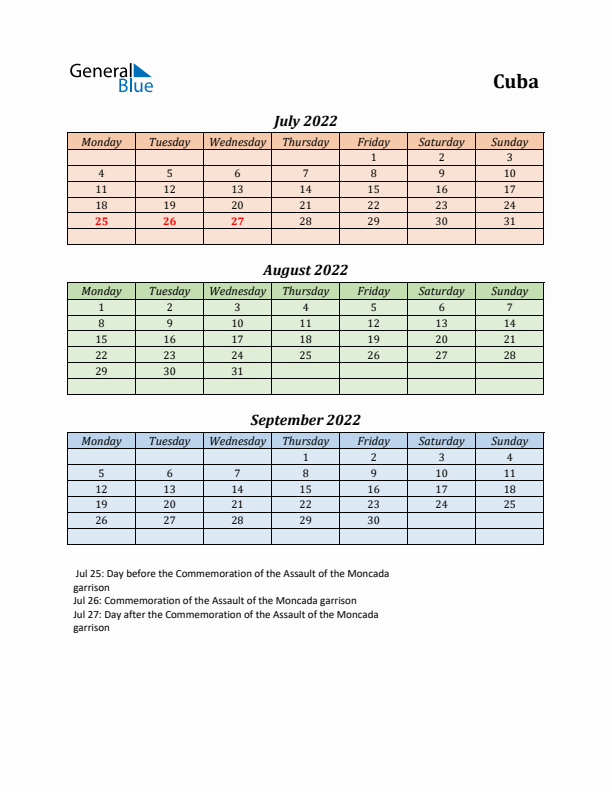 Q3 2022 Holiday Calendar - Cuba