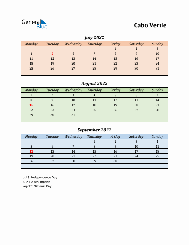 Q3 2022 Holiday Calendar - Cabo Verde