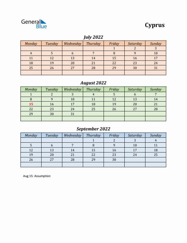 Q3 2022 Holiday Calendar - Cyprus