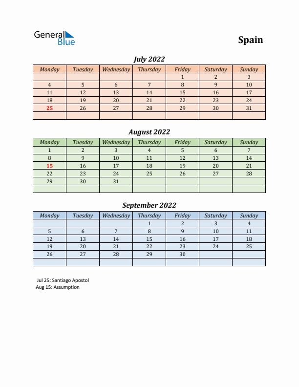 Q3 2022 Holiday Calendar - Spain