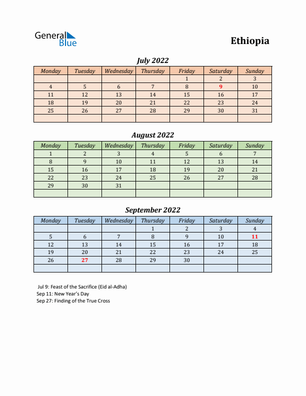 Q3 2022 Holiday Calendar - Ethiopia