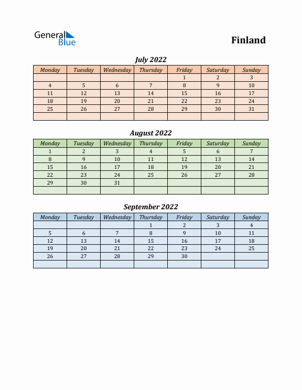 Q3 2022 Holiday Calendar - Finland