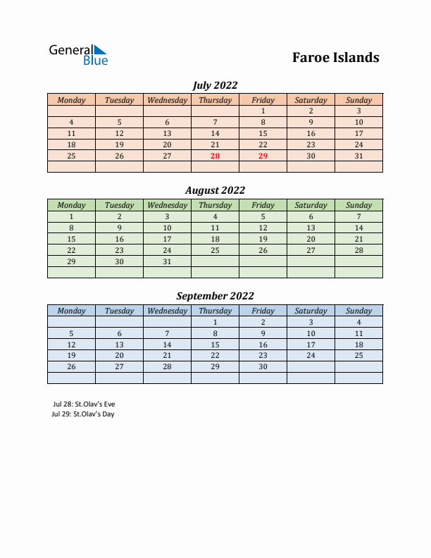 Q3 2022 Holiday Calendar - Faroe Islands