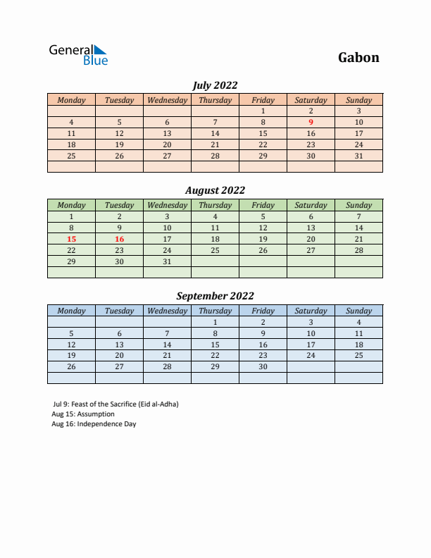 Q3 2022 Holiday Calendar - Gabon