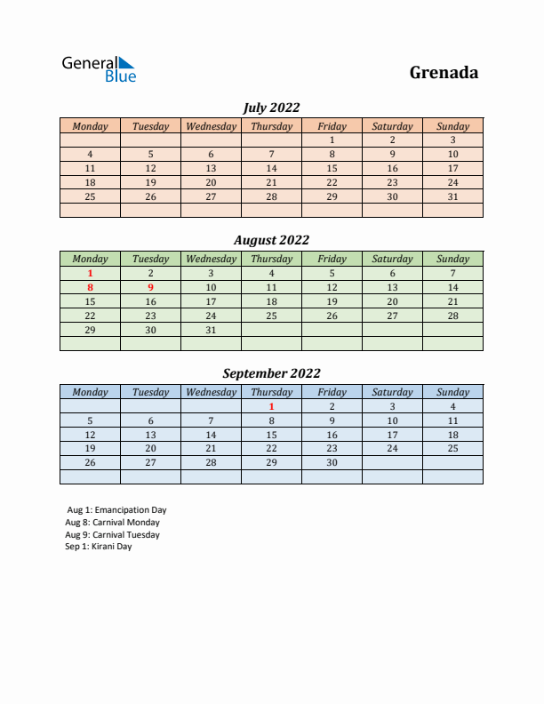 Q3 2022 Holiday Calendar - Grenada