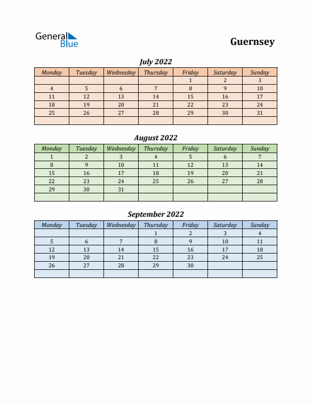 Q3 2022 Holiday Calendar - Guernsey