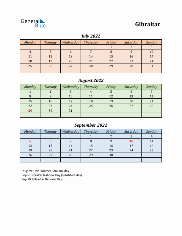 Q3 2022 Holiday Calendar - Gibraltar