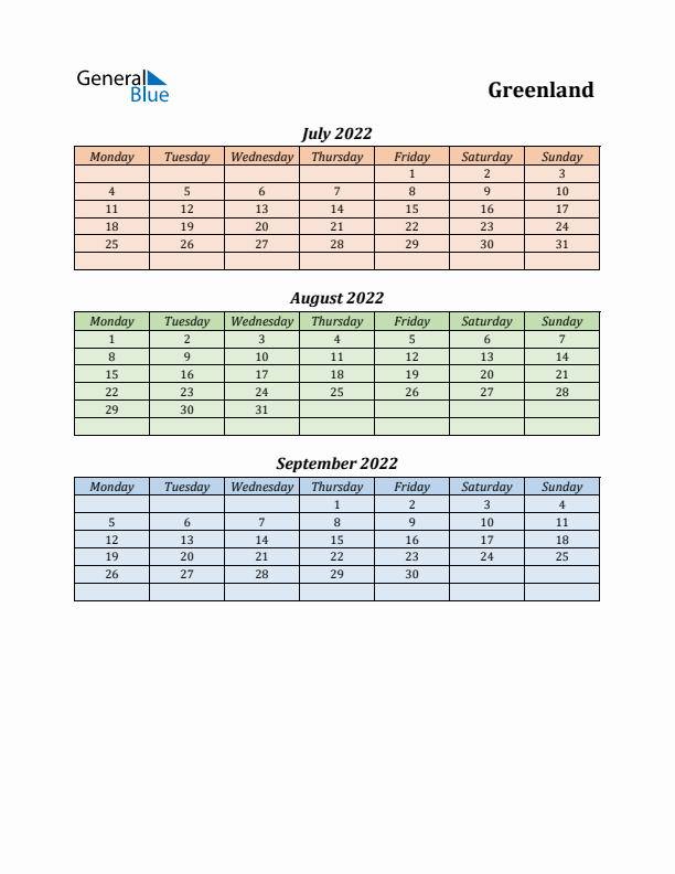 Q3 2022 Holiday Calendar - Greenland