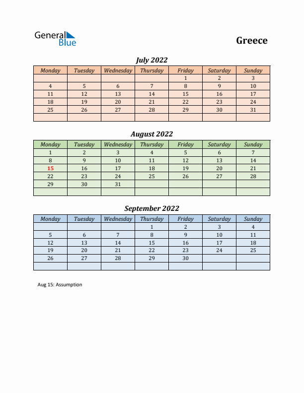 Q3 2022 Holiday Calendar - Greece