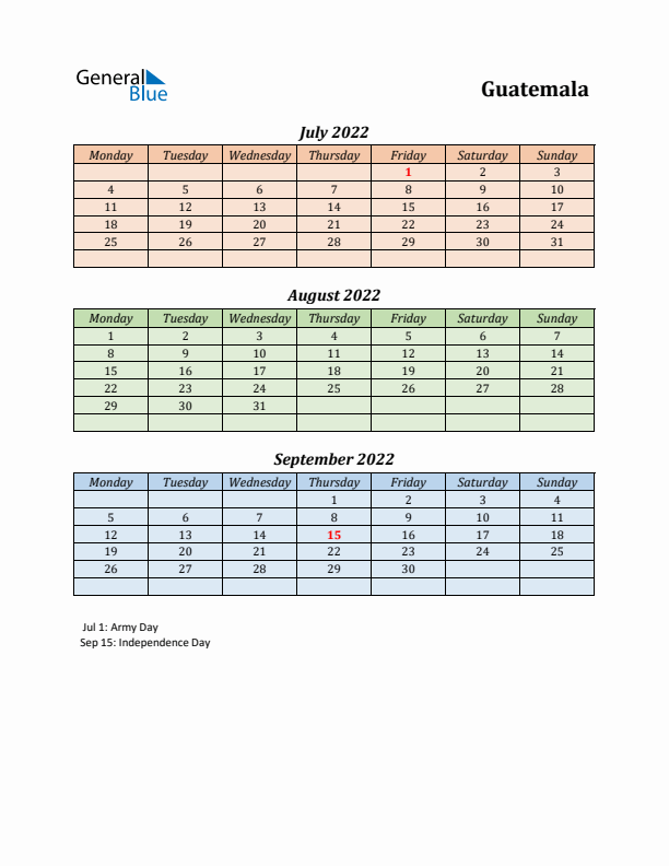 Q3 2022 Holiday Calendar - Guatemala