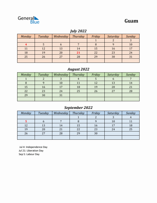 Q3 2022 Holiday Calendar - Guam