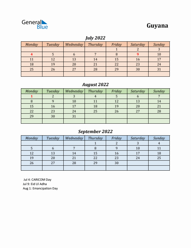 Q3 2022 Holiday Calendar - Guyana