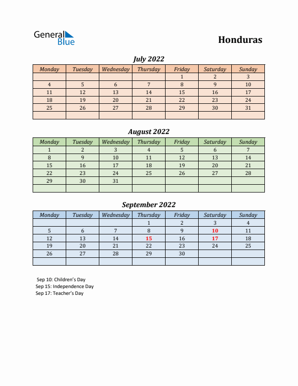 Q3 2022 Holiday Calendar - Honduras