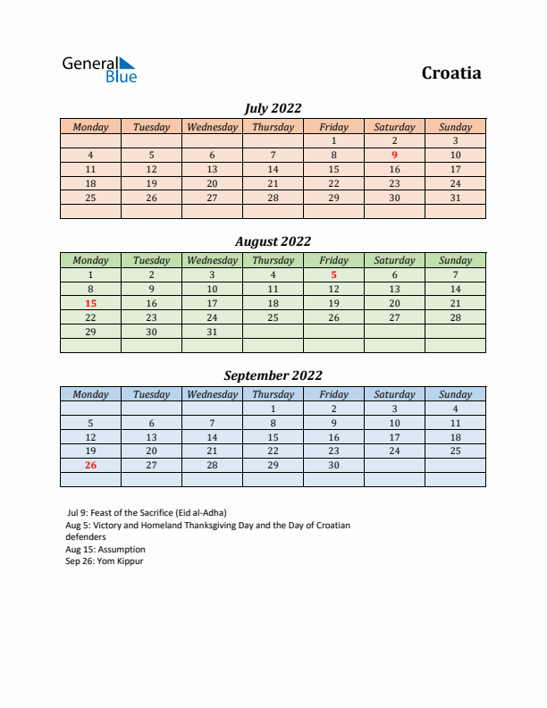 Q3 2022 Holiday Calendar - Croatia