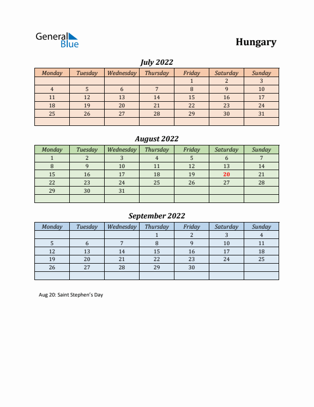 Q3 2022 Holiday Calendar - Hungary