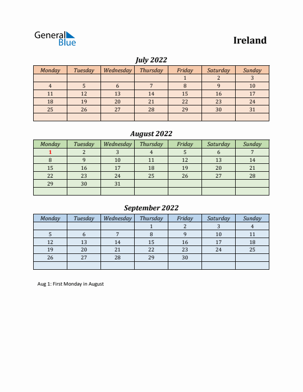 Q3 2022 Holiday Calendar - Ireland