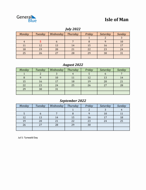 Q3 2022 Holiday Calendar - Isle of Man