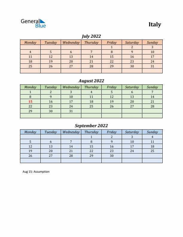 Q3 2022 Holiday Calendar - Italy