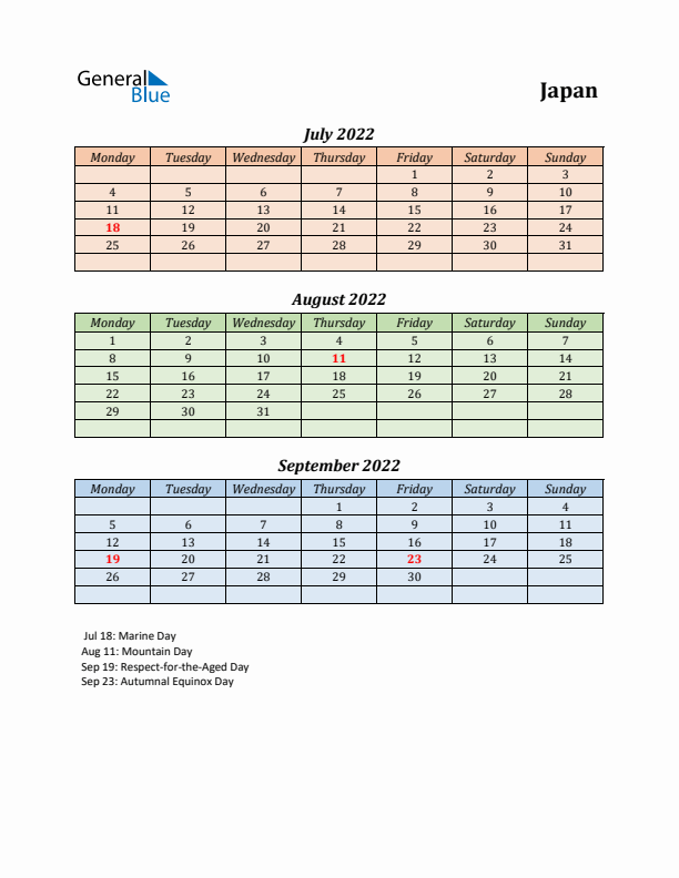 Q3 2022 Holiday Calendar - Japan