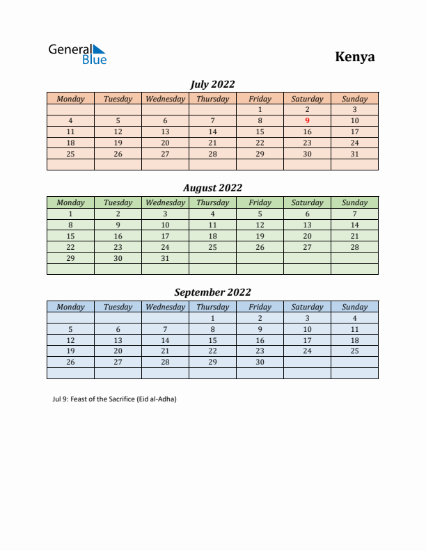 Q3 2022 Holiday Calendar - Kenya