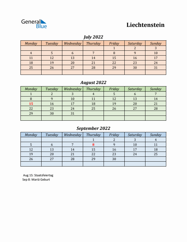 Q3 2022 Holiday Calendar - Liechtenstein