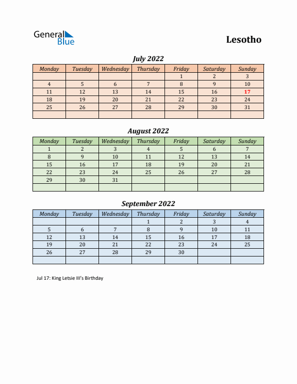 Q3 2022 Holiday Calendar - Lesotho