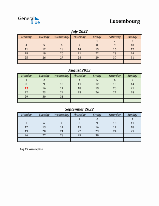 Q3 2022 Holiday Calendar - Luxembourg