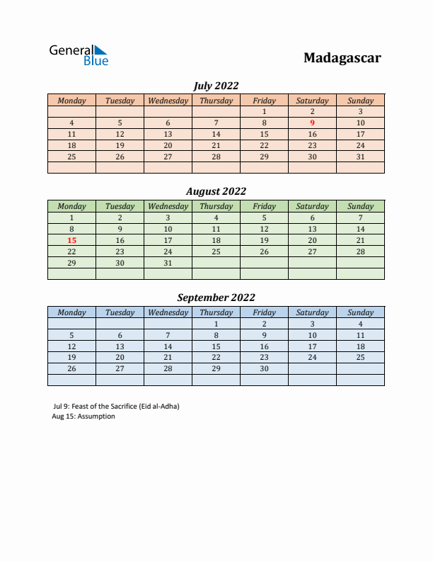 Q3 2022 Holiday Calendar - Madagascar