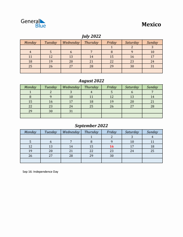 Q3 2022 Holiday Calendar - Mexico