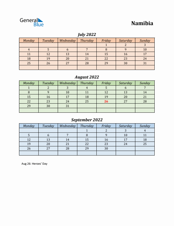 Q3 2022 Holiday Calendar - Namibia