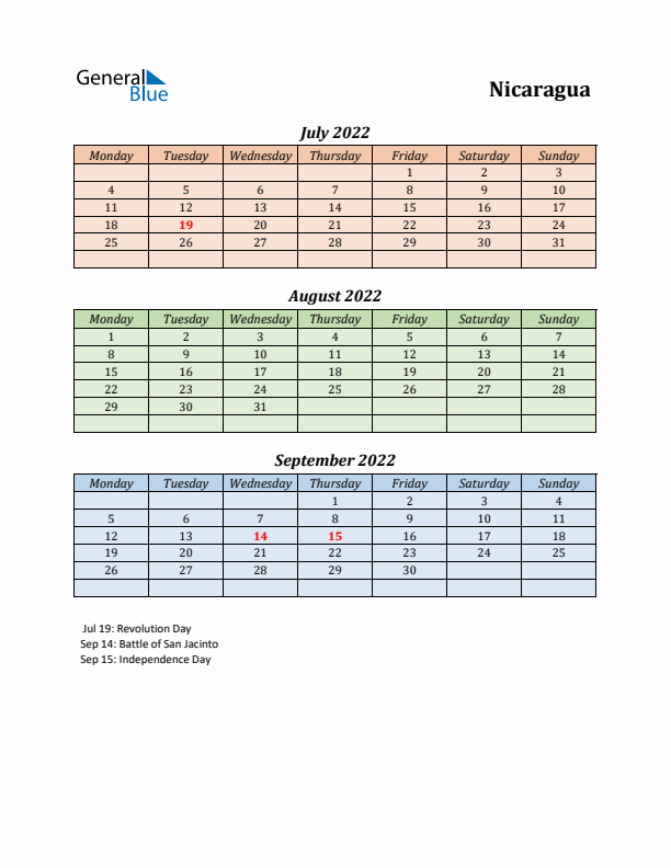 Q3 2022 Holiday Calendar - Nicaragua