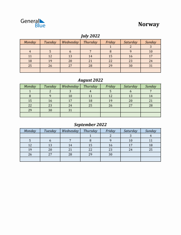 Q3 2022 Holiday Calendar - Norway