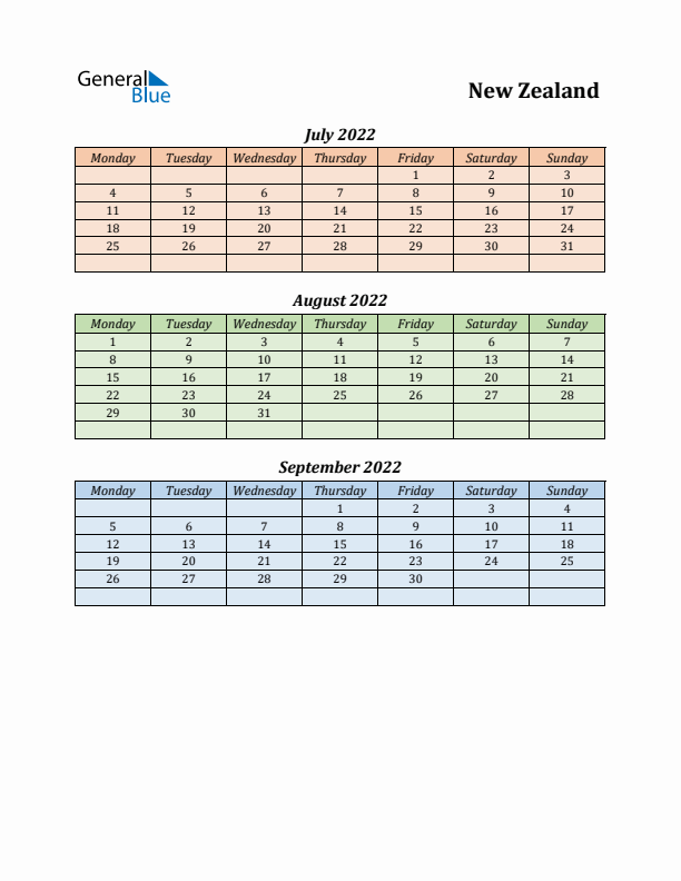 Q3 2022 Holiday Calendar - New Zealand