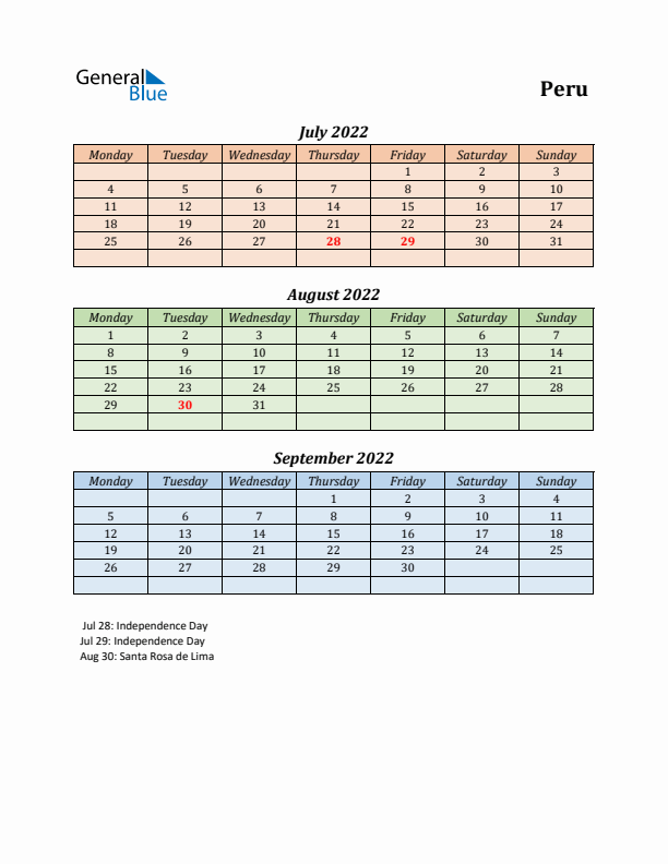 Q3 2022 Holiday Calendar - Peru