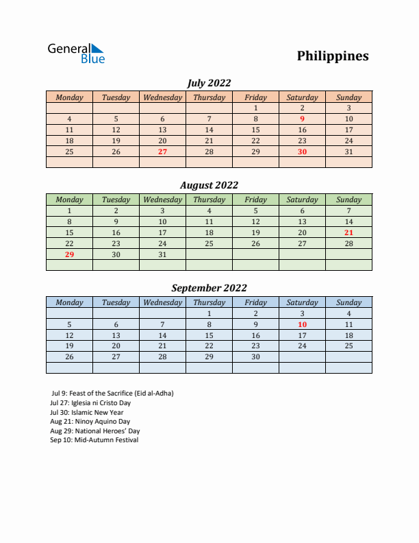 Q3 2022 Holiday Calendar - Philippines