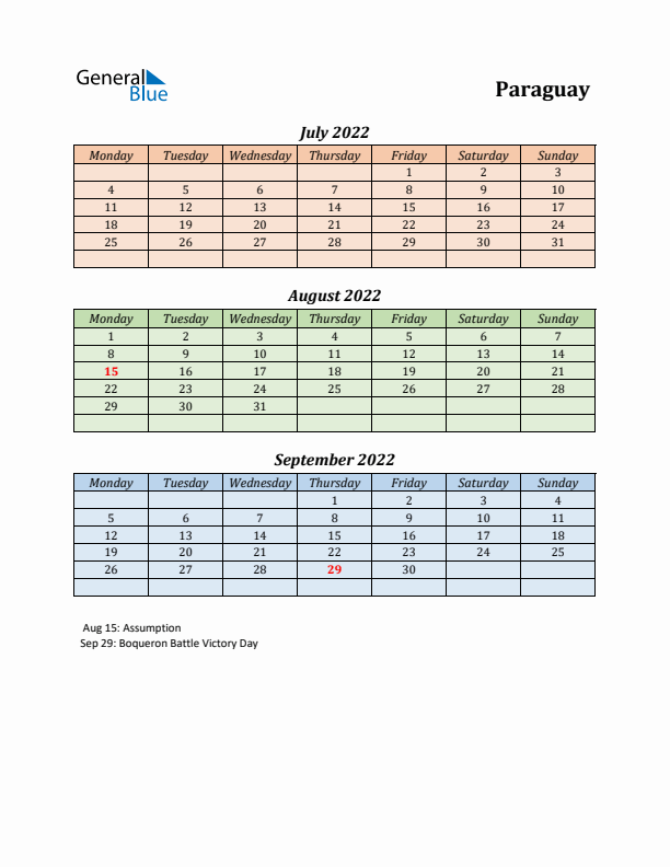 Q3 2022 Holiday Calendar - Paraguay