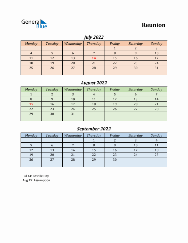 Q3 2022 Holiday Calendar - Reunion