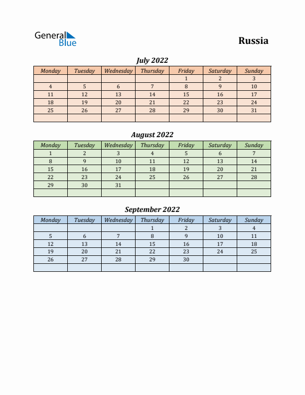 Q3 2022 Holiday Calendar - Russia