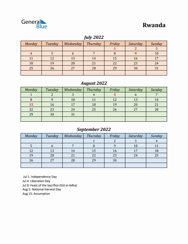 Q3 2022 Holiday Calendar - Rwanda