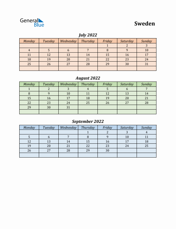 Q3 2022 Holiday Calendar - Sweden