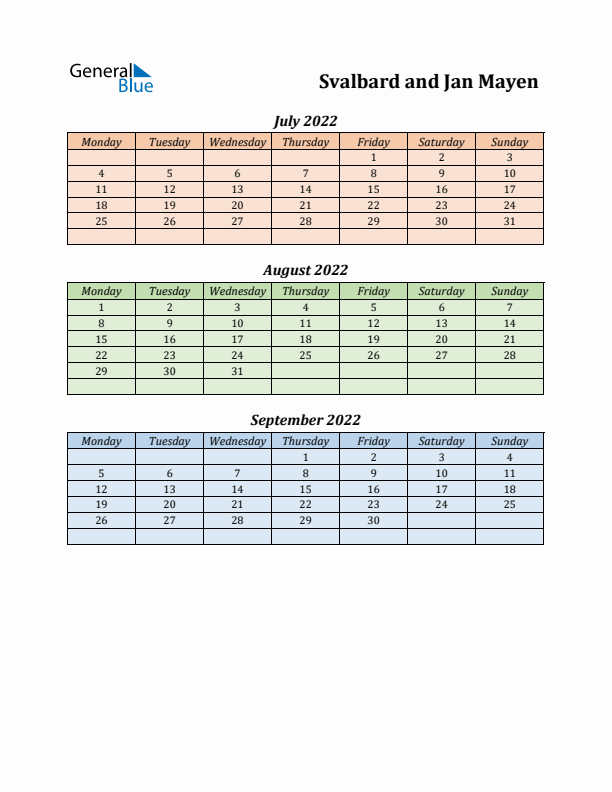 Q3 2022 Holiday Calendar - Svalbard and Jan Mayen