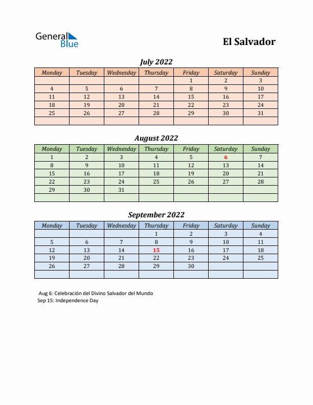 Q3 2022 Holiday Calendar - El Salvador