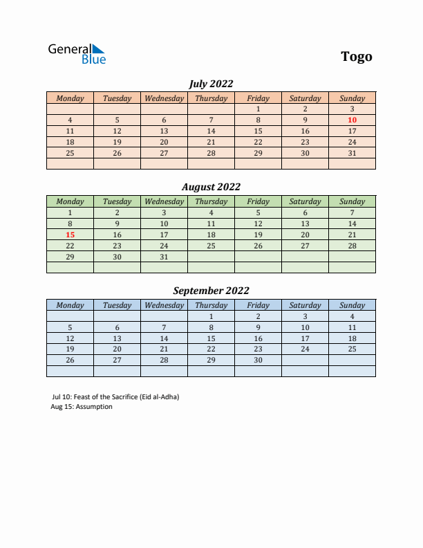 Q3 2022 Holiday Calendar - Togo